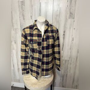 Merona Plaid Flannel Button Down Shirt Womens Small Yellow Navy Blue Tartan Top